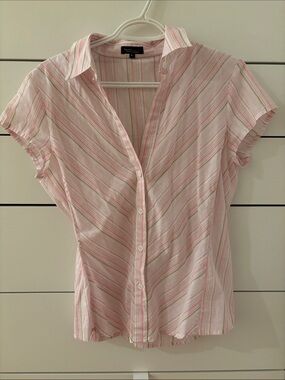 Vintage Bossini Pink and White Striped Short-Sleeve Button-Down Shirt